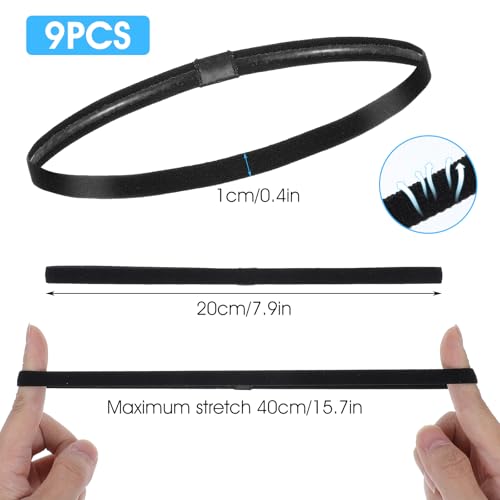 9PCS Thin Elastic Athletic Headbands - Non-Slip Black Set