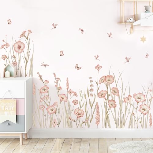 SHUCHING 61''X22 Pink Flower Wall Decal Peel and Stick, Vinyl Wildflower Wall Stickers, Floral Wall Decor Art for Living Room Girl Bedroom