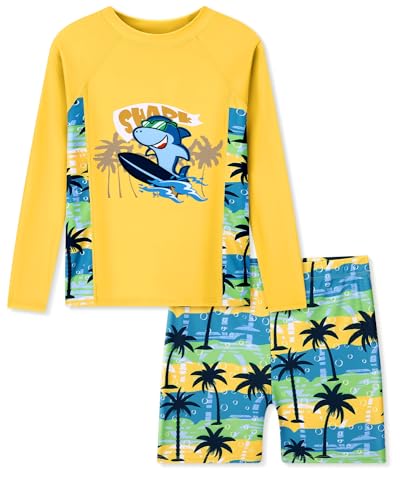 Ghteas Boys 2-Piece Rash Guard Swimsuit Set Yellow Shark 7-8 Years Quick Dry Kids Swimwear