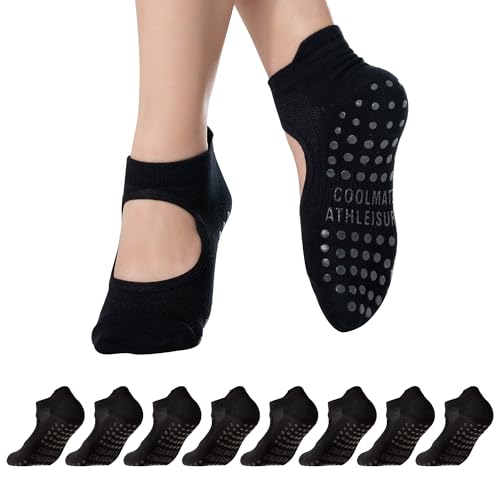 CoolMate A-01b 4 Pairs Open Top Black Non Slip Pilates Socks with Grips