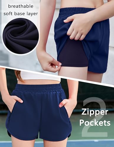 Zaclotre Girls Navy Blue 2-in-1 Soccer Shorts with Zip Pockets - Age 11-12 Years