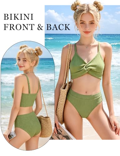 Girls' V-Neck Bikini Set - Green, Size 13-14 Years