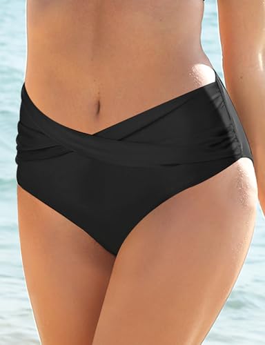V-Waist Crossover Bikini Bottoms for Women - Mid Rise - Black, Large