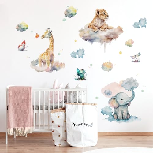 Runtoo Safari Animals Wall Decals Watercolor Giraffe Lion Elephant Wall Stickers Kids Bedroom Baby Nursery Wall Decor