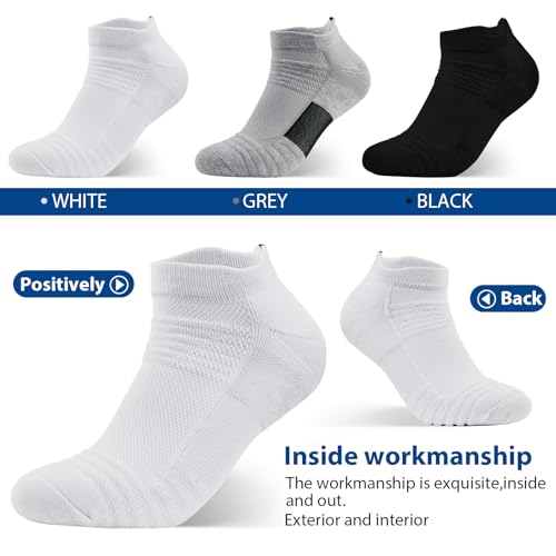 JOYZOO Men's Running Ankle Socks 9-12, White, Breathable Cushioned Low Cut Sports Tab Socks, 6 Pairs