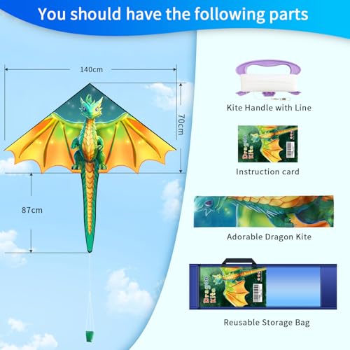 Xida Dragon S Kite for Kids 4-12 Easy Fly 55x61.8in Large Beach Kite