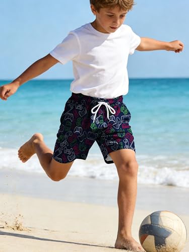 Boys Swim Trunks with Boxer Liner - Game Theme, 8-10 Years