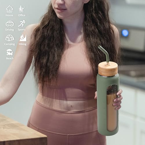 Kodrine 32oz Glass Water Bottle with 2 Lids - Olive