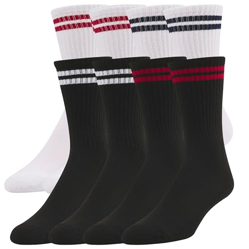 Men's Athletic Crew Socks - 8 Pairs, Size 8-12 - White/Red, White/Blue, Black/Red, Black/White