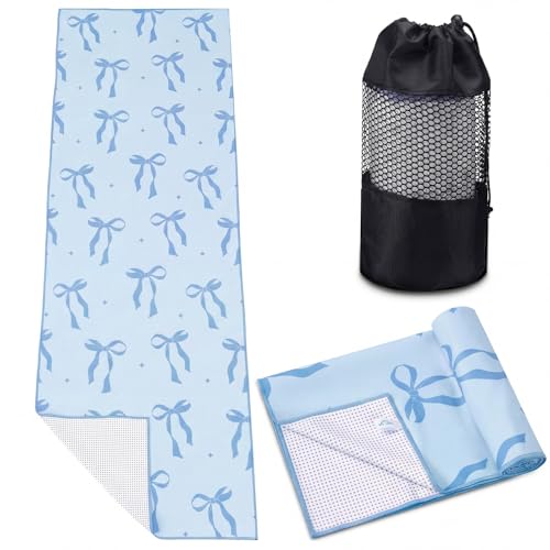 Breling Blue Bow Yoga Towel with Grip Dots Non Slip for Hot Yoga & Pilates