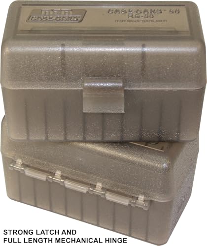 50-Round Rifle Ammo Storage Box - Durable Polypropylene - Clear Smoke