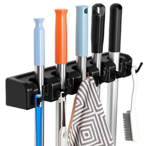 Broom and Mop Holder, Wall Mounted Organizer Mop and Broom Storage Tool Rack with 5 Ball Slots and 6 Hooks (1Pack)