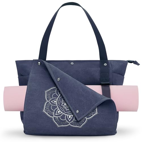 Yoga Mat Bag for Women - Canvas Tote with Bottle Holder - Blue
