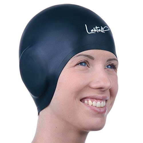 Lahtak Black 3D Silicone Swim Cap with Ear Protection for Adults & Teens