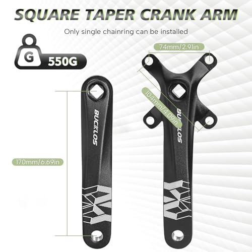 BUCKLOS Mountain Bike Crankset 170mm 32T Square Taper – Single Speed, Black