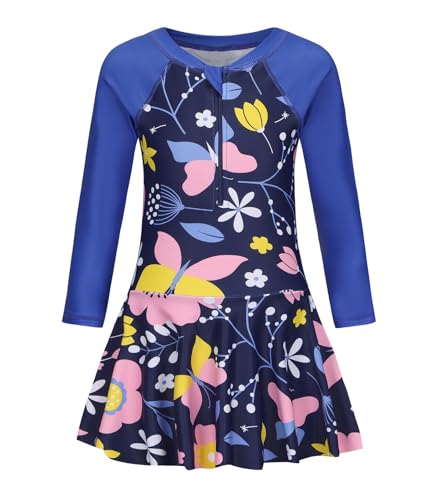 Girls Long Sleeve Swim Dress - Navy Floral 8-10 Years Kids Summer Bathing Suit