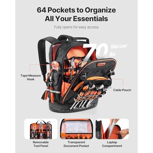 VEVOR Tool Backpack, 64 Pockets, Heavy-duty Tools Storage Organizer Work Bags Backpack with Laptop Compartment & Molded Base, Electrician Jobsite Backpack for Electrician, Repairman, and HVAC Techs