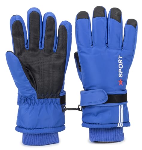 Kids Winter Ski Snow Gloves - Waterproof Mittens for Ages 5-10 - Blue