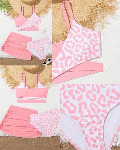 Girls 3-Piece Pink Leopard Swimsuit Set with Cover Up Skirt - Size 6-7 Years