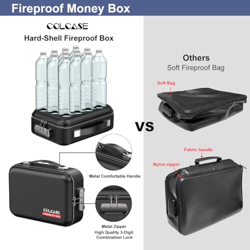 COLCASE Fireproof Money Box with Lock, Hard Case Cash Organizer Hard-Shell Design Fireproof Water Resistant Portable Safe Box for Cash, A5 Documents, Passport and Valuables 11.3x8x4 Inches Black