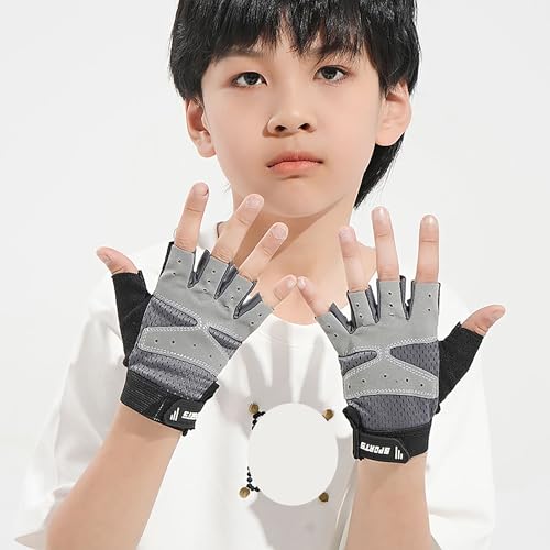 Kids Fingerless Sports Gloves for Cycling & Fishing - Grey - 7-15 Years