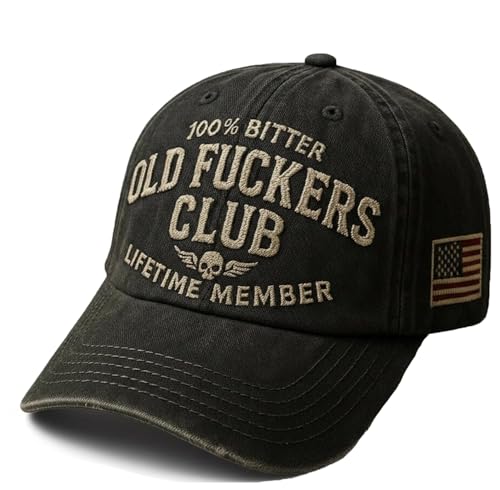 Vintage Baseball Cap with Hand Embroidery - Black, Old Fuckers Club Adjustable Hat