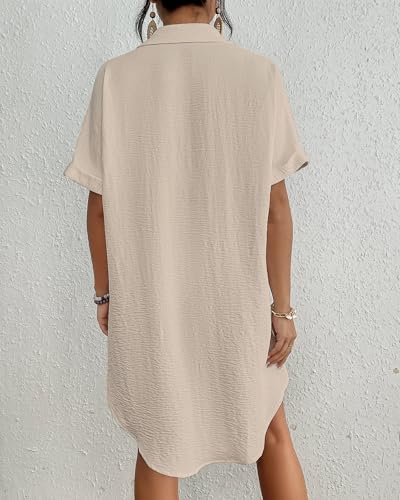 Bsubseach Women's Beige Swimsuit Coverup Shirt Dress Medium Button-Down Beach Vacation Outfits