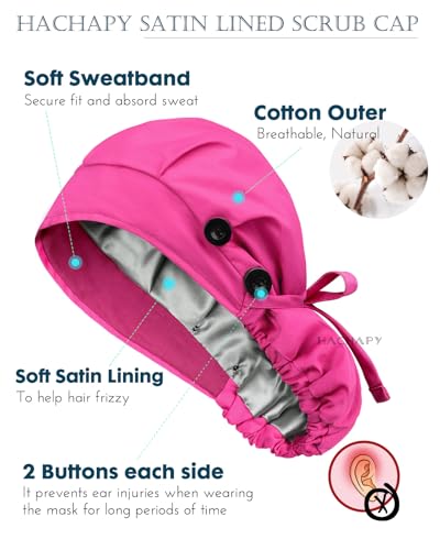 Satin Lined Scrub Cap for Women with Ponytail Button Closure - Pink (Hachapy)