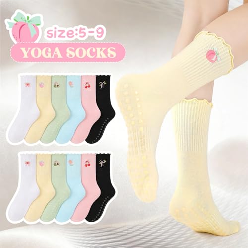 6 Pairs Colorful Grippy Socks for Women - Cute Pilates Gift