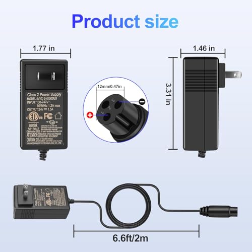 EGK 24V Replacement Charger for Razor E-Scooters & Dirt Bikes - Black, 6.6FT