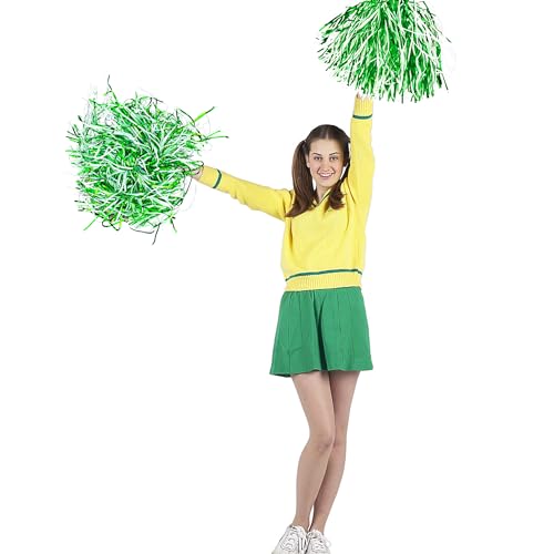 KDPATFAV 18Pcs Green White Metallic Foil Pom Poms with Baton Handle - Cheerleading Sports Party