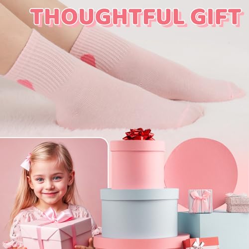 Girls Cotton Crew Socks Set - 6 Pairs with Striped Heart & Bow Patterns - Ages 6-8, Pink White Gray