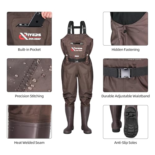 PROBITE 210D Nylon Waterproof Chest Waders with Boots, M8/W10, Brown