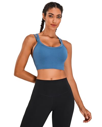 Nikuja High-Impact Sports Bra for Women - Criss-Cross Back, Padded Strappy, Black+White+Blue, Medium