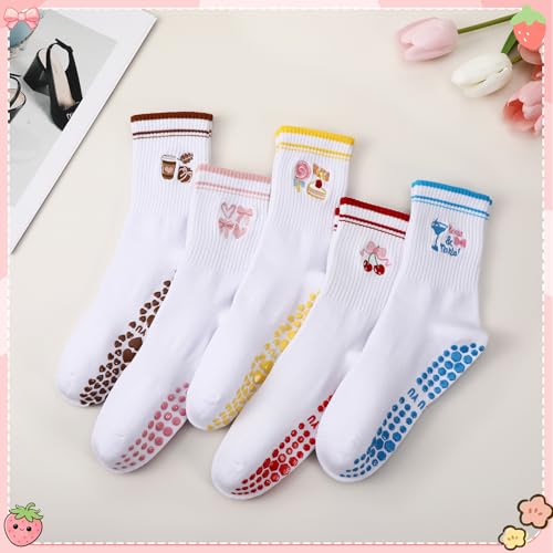 Pilates Socks with Grips for Women - 5 Pack, Cute Ruffled - Pink, Red, Yellow, Blue, Brown