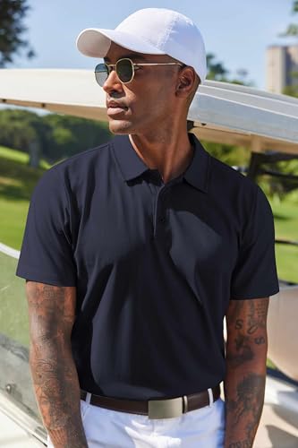 COOFANDY Men's Cotton Polo Shirt - Short Sleeve Golf Casual Work, Large Midnight Blue