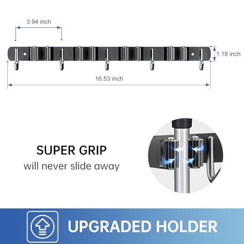 ZONGOOL 2 Pack Broom Holder Wall Mount, 4 Racks and 5 Hooks Mop Hanger Wall Mount Broom Organizer Stainless Steel Heavy Duty Garage Tool Racks for Home Kitchen Garden Laundry (Black)