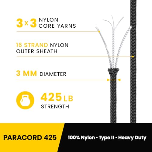 Kamu Synber 3mm Paracord 425 Nylon Rope 50ft Black - Heavy Duty Utility Cord