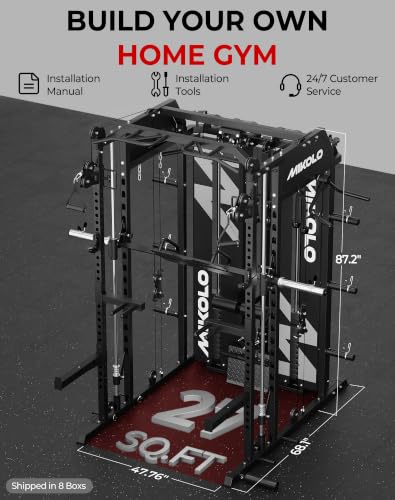 Smith Machine Power Cage Home Gym System with LAT Pulldown & Cable Crossover - Black / HORUS Set (With Bench & 230lb Plates)