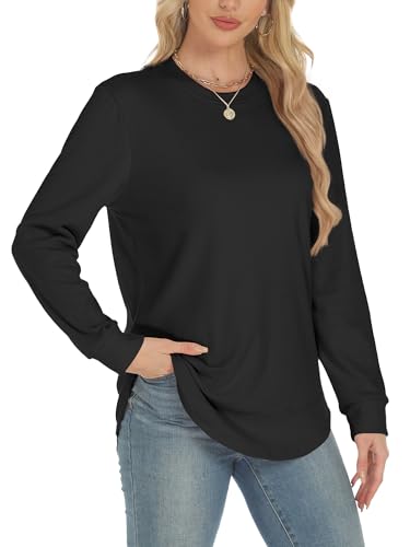 Long Sleeve Tunic Top for Women - Crew Neck Side Split - Black, Medium