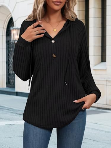 Women's V Neck Drawstring Hoodie - Loose Fit Pullover Sweatshirt