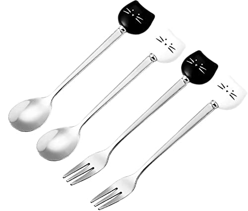 Cute Cat Spoon and Fork Set - 5.7 Inch White & Black