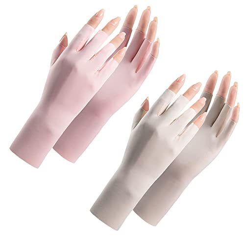 Fingerless UV Protection Gloves for Women - One Size Pink+Beige