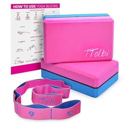 Yoga Blocks 2 Pack with Strap - Non-Slip EVA Foam - Pink/Blue & Stretch Band