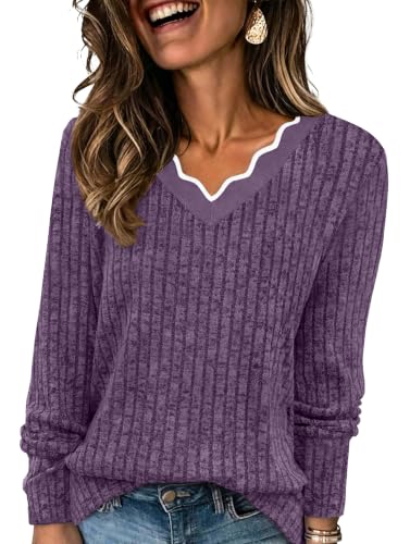 WIHOLL Women's Long Sleeve Fall Tunic Top with Scallop Neck - X-Large Purple