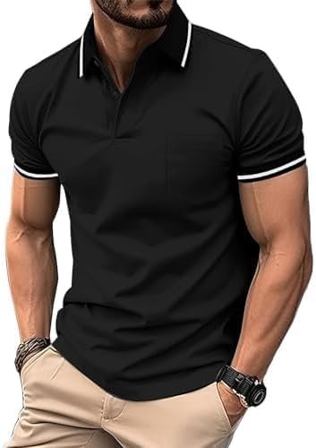 ZITY Men's Short Sleeve Polo Shirt with Pocket - Casual Golf Collared Top, Large Black