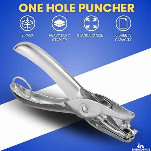 1InTheOffice Single Hole Punch, Ticket 1-Hole Puncher- Metal Hole Punchers - One Hole Puncher Heavy Duty - 5 Sheet Capacity, Silver (2 Pack)