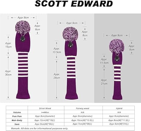 Knit Pom Pom Golf Club Cover - Purple Stripe Driver Protector