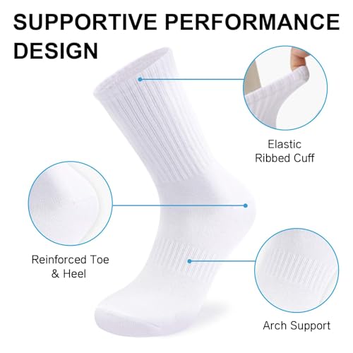 Men's Cotton Athletic Crew Socks - Cushioned, Long - Size 9-11, White (4 Pack)