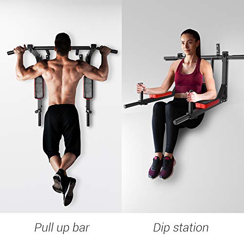Wall Mounted Pull Up Bar & Dip Station - Red, 440 Lbs Capacity